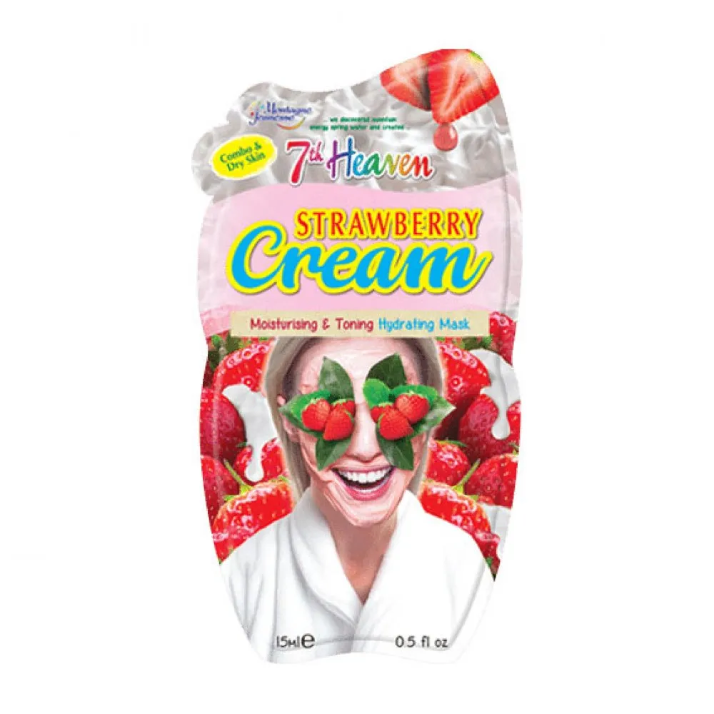 7th Heaven Strawberry Cream Hydrating Mask with Pulped Strawberries and Juiced Aloe Vera to Moisturise and Tone Skin, Ideal for Dry and Combination Skin, 15ml