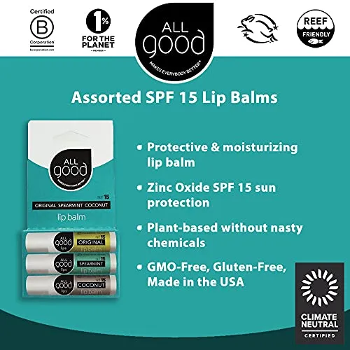 All Good SPF 15 Lip Balm - Calendula, Olive Oil, Beeswax, Vitamin E | (3-Pack) (Original/Spearmint/Coconut)