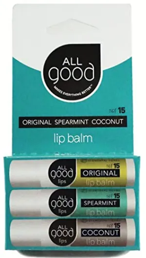 All Good SPF 15 Lip Balm - Calendula, Olive Oil, Beeswax, Vitamin E | (3-Pack) (Original/Spearmint/Coconut)