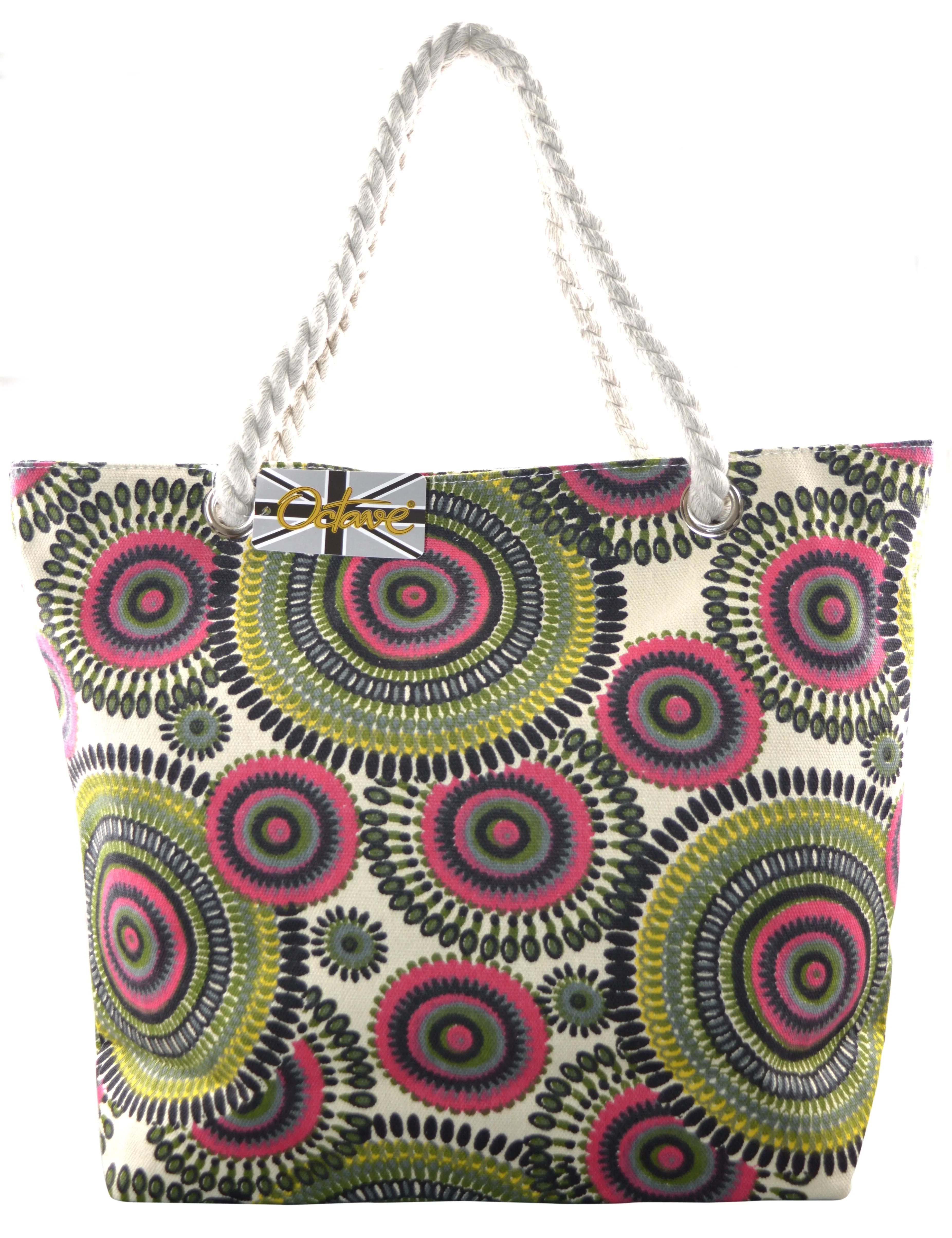 OCTAVE Ladies Summer Beach Tote Handbag - Circles Design - Green / Pink