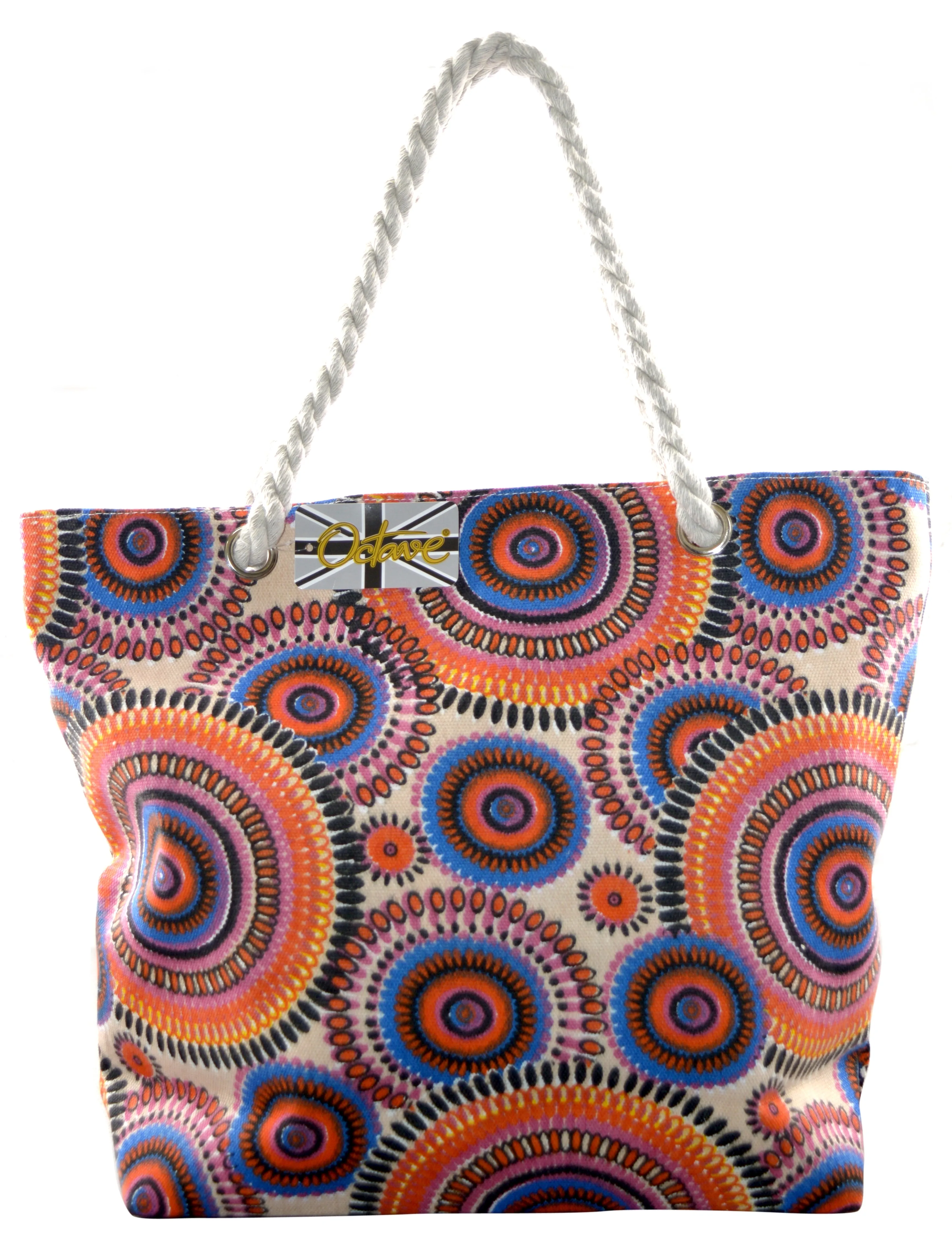 OCTAVE Ladies Summer Beach Tote Handbag - Circles Design - Orange / Blue