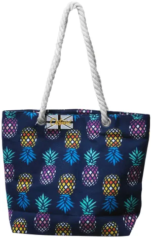 OCTAVE Ladies Summer Beach Tote Handbag - Pineapple Design - Navy Multi Pineapples