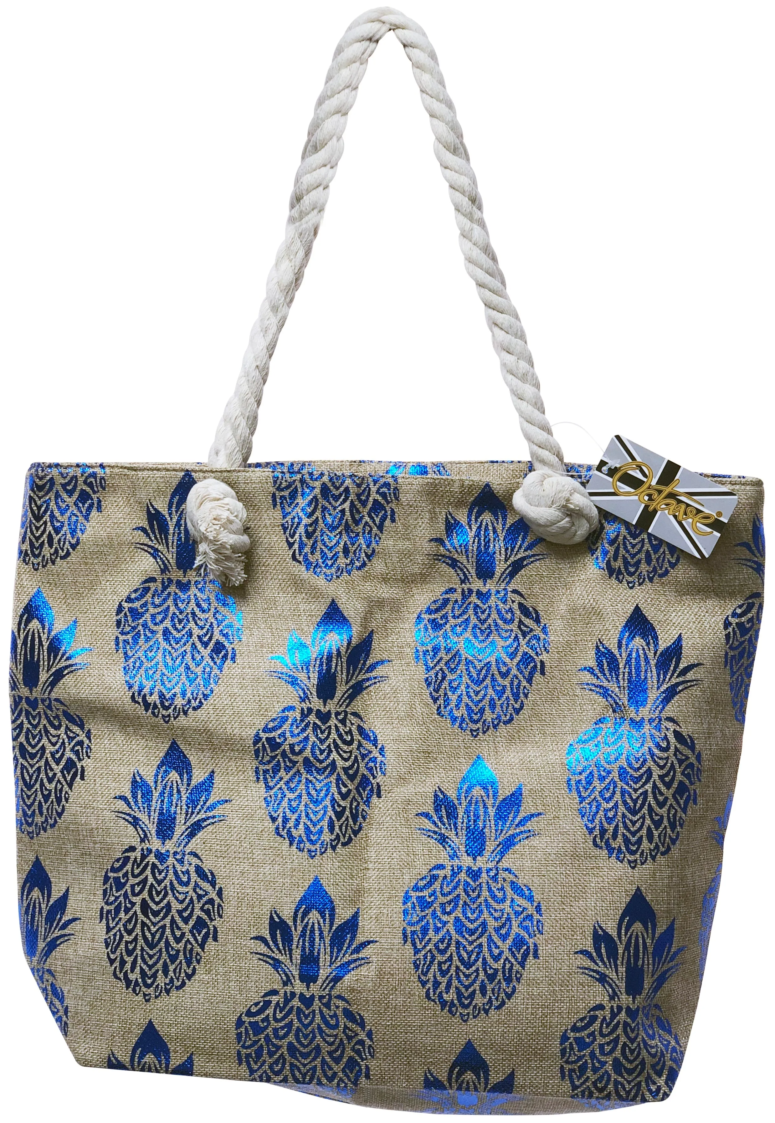 OCTAVE Ladies Summer Beach Tote Handbag - Pineapple Foil Print Design - Blue Foil